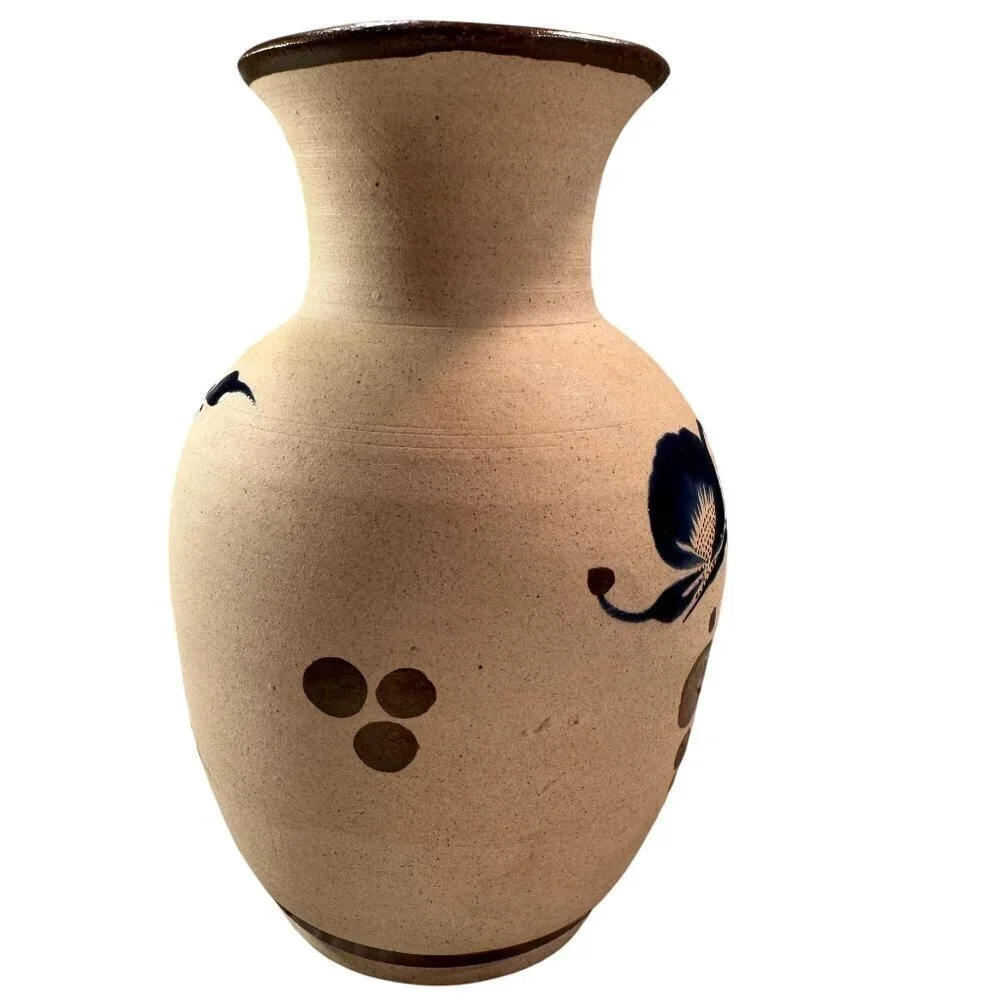 Mexican Folk Art Floral Vase Bird Sandstone Vintage Pottery Handcrafted Painted